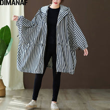 Load image into Gallery viewer, DIMANAF Plus Size Women Jackets Coats Autumn Outerwear Zipper Bat Sleeved Oversize Female Loose Hooded Striped Clothes 150KG Fit