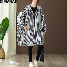 Load image into Gallery viewer, DIMANAF Plus Size Women Jackets Coats Autumn Outerwear Zipper Bat Sleeved Oversize Female Loose Hooded Striped Clothes 150KG Fit