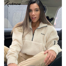 Load image into Gallery viewer, Rockmore Zipper Turtleneck Furry Hoodies Women Sweatshirt Harajuku Letter Embroidery Sweatshirts Sweat Femme Crop Top Hoodie