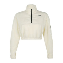 Load image into Gallery viewer, Rockmore Zipper Turtleneck Furry Hoodies Women Sweatshirt Harajuku Letter Embroidery Sweatshirts Sweat Femme Crop Top Hoodie