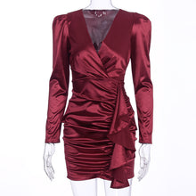Load image into Gallery viewer, Hugcitar 2020 satin long sleeve V-neck ruched ruffles patchwork sexy dress spring summer women party outfits