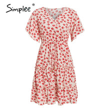 Load image into Gallery viewer, Simplee casual flower print ladies short dress V neck ruffle bandage women dresses summer beach belted butterfly sleeve vestido