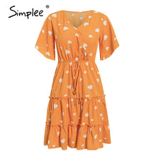 Load image into Gallery viewer, Simplee casual flower print ladies short dress V neck ruffle bandage women dresses summer beach belted butterfly sleeve vestido