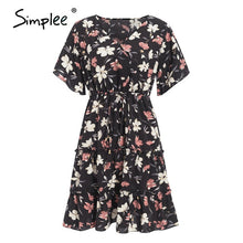 Load image into Gallery viewer, Simplee casual flower print ladies short dress V neck ruffle bandage women dresses summer beach belted butterfly sleeve vestido