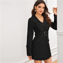 Load image into Gallery viewer, COLROVIE Black Notch Collar Double Breasted D-ring Belted Coat Women 2019 Fall Solid Coat And Jackets Ladies Outerwear