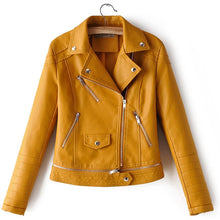 Load image into Gallery viewer, Yellow PU Lapel Long Sleeve Zipper Locomotive Women's Jacket Korean Version Slim Fit 2019 Autumn Windproof Female Coat Black