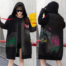 Load image into Gallery viewer, 2020 spring long-sleeved knitted denim Hooded jacket Embroidery print women's mid-length Korean loose zipper jacket Coat women