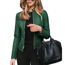 Load image into Gallery viewer, Women Autumn Winter Solid Color Stand Collar Faux Leather Zipper Slim Coat Jacket Elegant Faux Coat Women 2020 Autumn Outwear