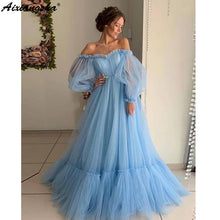 Load image into Gallery viewer, Blue 2019 Prom Dresses A-Line Off the Shoulder Sweetheart Tulle Long Sleeves Prom Gown Evening Party Dresses Robe De Soiree