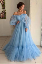 Load image into Gallery viewer, Blue 2019 Prom Dresses A-Line Off the Shoulder Sweetheart Tulle Long Sleeves Prom Gown Evening Party Dresses Robe De Soiree