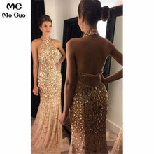 Load image into Gallery viewer, Illusion 2019 Halter Mermaid Prom dresses with RhineStone long graduation dresses Gold Evening Prom Dress for Women Custom Made