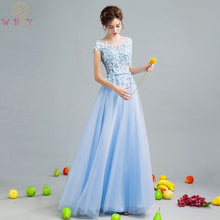 Load image into Gallery viewer, Walk Beside You Blue Prom Dresses Backless Lace Applique Sequined A-line Long vestidos longos de formatura Evening Formal Gowns