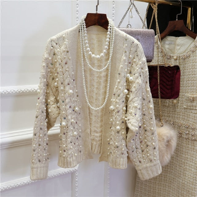 Knitwear Women Spring Winter New Fashion Heavy Pearl Beaded Thickening Warm Knit Cardigan Coat Girl Ladies Knitting Sweater