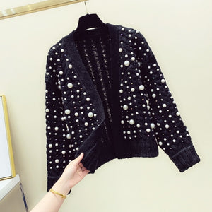 Knitwear Women Spring Winter New Fashion Heavy Pearl Beaded Thickening Warm Knit Cardigan Coat Girl Ladies Knitting Sweater