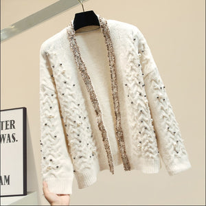 Knitwear Women Spring Winter New Fashion Heavy Pearl Beaded Thickening Warm Knit Cardigan Coat Girl Ladies Knitting Sweater