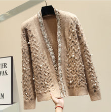 Load image into Gallery viewer, Knitwear Women Spring Winter New Fashion Heavy Pearl Beaded Thickening Warm Knit Cardigan Coat Girl Ladies Knitting Sweater
