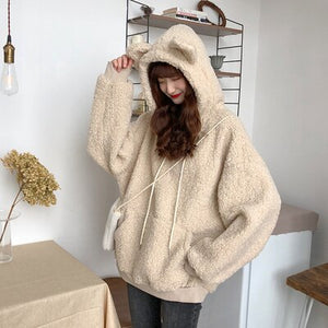 Female Korean Kawaii Cute Chic Rabbit Ears Lamb Hair Sweatshirt Women's Sweatshirts Japanese Harajuku Ulzzang Clothing For Women