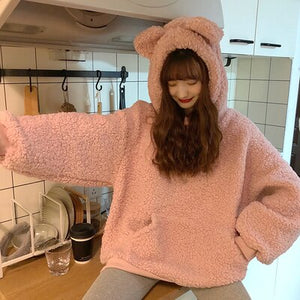 Female Korean Kawaii Cute Chic Rabbit Ears Lamb Hair Sweatshirt Women's Sweatshirts Japanese Harajuku Ulzzang Clothing For Women