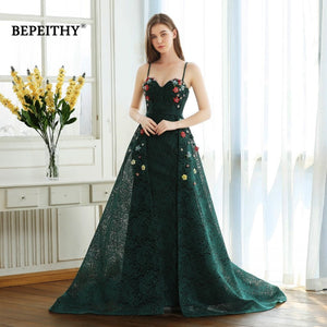 BEPEITHY Green Lace Long Prom Dresses Spaghetti Straps With Flowers 2020 Vestido De Festa Evening Dress Party Gown Hot Sale