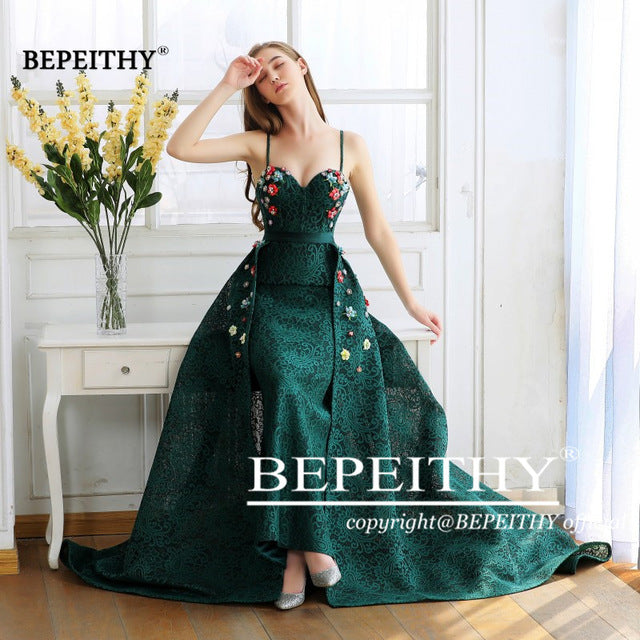 BEPEITHY Green Lace Long Prom Dresses Spaghetti Straps With Flowers 2020 Vestido De Festa Evening Dress Party Gown Hot Sale