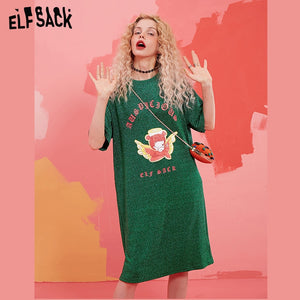 ELFSACK Green Graphic Print Bright Casual Dresses Women 2020 Spring Yellow Lace Cut Out Short Sleeve Korean Ladies Daily Dress