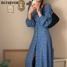 Load image into Gallery viewer, BGTEEVER Chic Off-shoulder Puff-sleeve Women Dress Spring Floral Print Single-breasted Female Dress Retro A-line Vestidos femme
