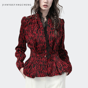 Women Red Leopard Jackets High Waist Slim Autumn Winter Coats With Lace Ruffle Korean Style Elegant Ladies Casual Office Coats