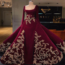 Load image into Gallery viewer, Burgundy Long Sleeves Muslim Evening Dresses With Detachable Skirt Prom Dress Gold Applique Saudi Arabic Evening Formal Gowns
