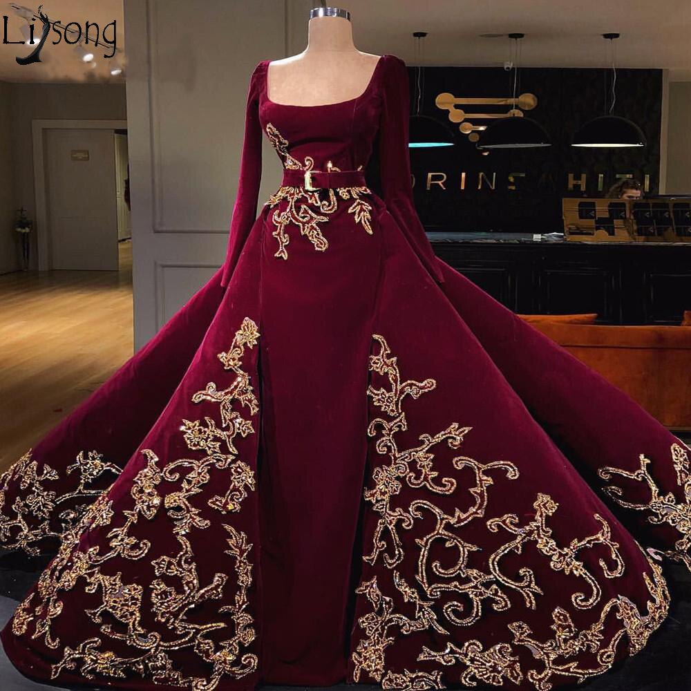 Burgundy Long Sleeves Muslim Evening Dresses With Detachable Skirt Prom Dress Gold Applique Saudi Arabic Evening Formal Gowns