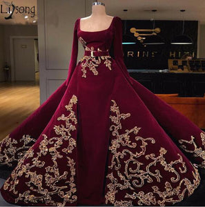 Burgundy Long Sleeves Muslim Evening Dresses With Detachable Skirt Prom Dress Gold Applique Saudi Arabic Evening Formal Gowns