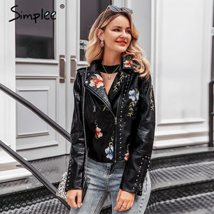 Simplee Embroidery floral faux leather jacket White basic jackets outerwear coats Women casual autumn winter jacket female coat