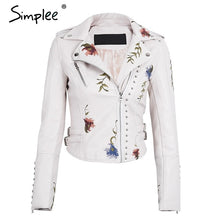 Load image into Gallery viewer, Simplee Embroidery floral faux leather jacket White basic jackets outerwear coats Women casual autumn winter jacket female coat
