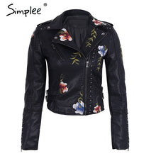 Load image into Gallery viewer, Simplee Embroidery floral faux leather jacket White basic jackets outerwear coats Women casual autumn winter jacket female coat
