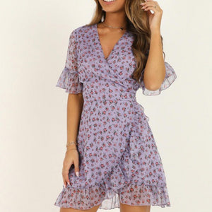 Women's Lavender Floral Wrap Dress Summer Elegant Flare Sleeve Boho Print Mini Sun Dress Sexy V-Neck Ms. Clothes 2020 New