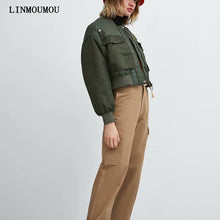 Load image into Gallery viewer, Winter warm thick ladies coat solid color long-sleeved zipper coat double pocket flight jacket style cool short cotton suit

