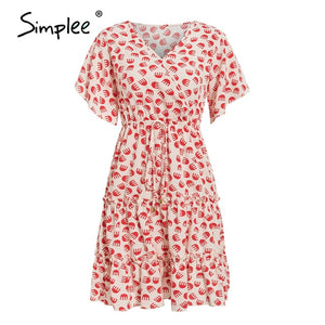 Simplee casual flower print ladies short dress V neck ruffle bandage women dresses summer beach belted butterfly sleeve vestido