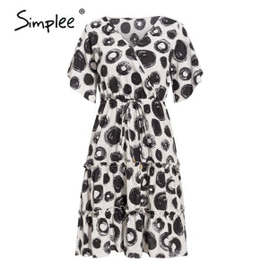 Simplee casual flower print ladies short dress V neck ruffle bandage women dresses summer beach belted butterfly sleeve vestido