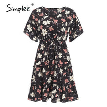 Load image into Gallery viewer, Simplee casual flower print ladies short dress V neck ruffle bandage women dresses summer beach belted butterfly sleeve vestido
