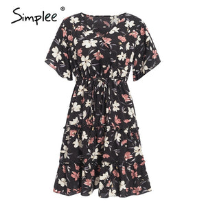 Simplee casual flower print ladies short dress V neck ruffle bandage women dresses summer beach belted butterfly sleeve vestido