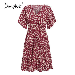 Simplee casual flower print ladies short dress V neck ruffle bandage women dresses summer beach belted butterfly sleeve vestido