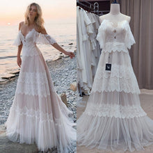 Load image into Gallery viewer, Spaghetti Straps Bohemian Boho Beach Wedding Dresses Nude Champagne Off the Shoulder Bridal Dresses vestidos de renda
