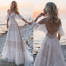 Load image into Gallery viewer, Spaghetti Straps Bohemian Boho Beach Wedding Dresses Nude Champagne Off the Shoulder Bridal Dresses vestidos de renda
