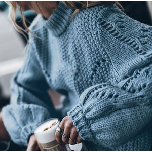 Women's Sweaters Hollow Out Loose Knitted Lantern Sleeve O-Neck Solid Pullover Sweater Female 2019 Autumn Warm Ladies Pullovers