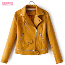 Load image into Gallery viewer, Yellow PU Lapel Long Sleeve Zipper Locomotive Women's  Jacket Korean Version Slim Fit 2019 Autumn Windproof Female Coat Black

