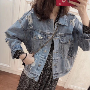 Women Jacket Trendy Frayed Retro Washed Loose Denim Jacket