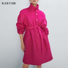 Load image into Gallery viewer, Autumn Winter Elegant Sashes Office Lady Long Wool Jackets Coats Women Solid Stand Pockets Overcoat Casual Jacket Female Outwear
