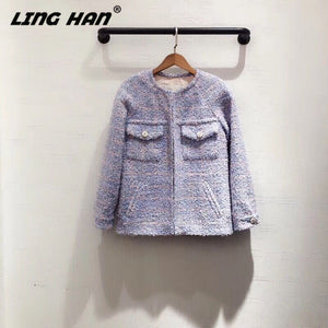 LINGHAN new spring high-end tweed jacket for women o-neck elegant twist woven patchwork plaid liner white sweet coat outwear