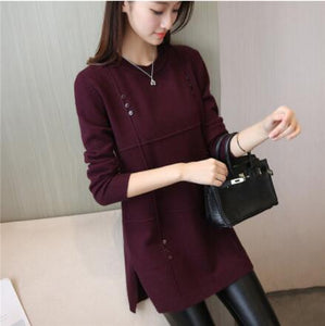 Spring and autumn Women's Sweater LADY  Solid color long section split Ladies sweater long sleeve knitted pullover