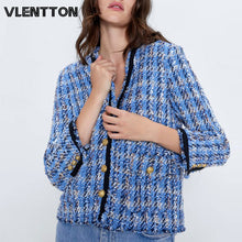 Load image into Gallery viewer, 2020 Spring Autumn Vintage Blue Plaid Tweed Jacket Coat Female Chic Button V-Neck Jackets Outwear WomanTops Chaqueta Mujer
