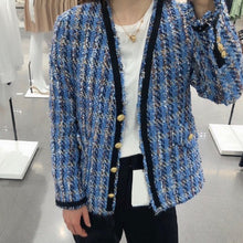 Load image into Gallery viewer, 2020 Spring Autumn Vintage Blue Plaid Tweed Jacket Coat Female Chic Button V-Neck Jackets Outwear WomanTops Chaqueta Mujer
